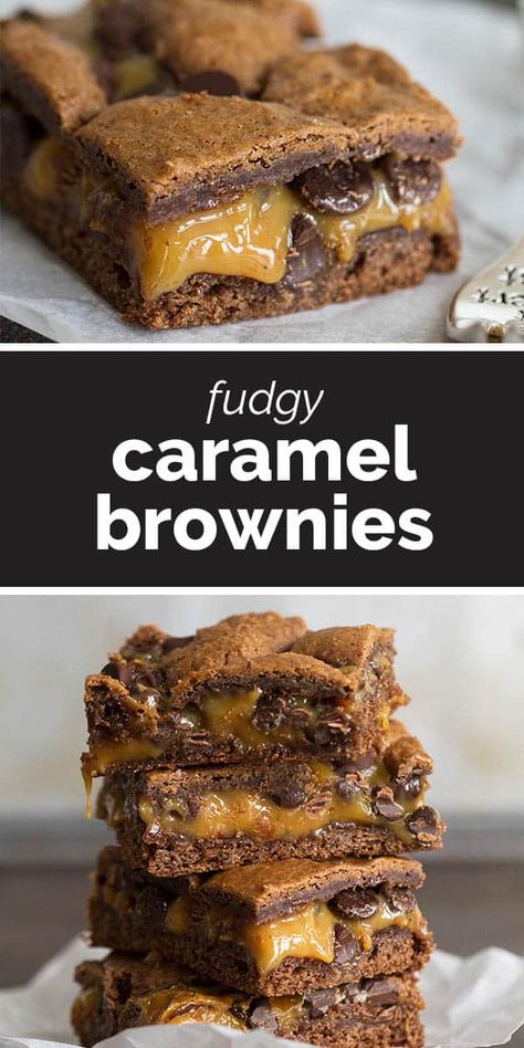 A simple classic, these Caramel Brownies are a gooey, delicious way to make brownies from a cake mix. They only take a few ingredients and everyone loves them! Caramel Walnut Brownies, Brownie Types, Brownies With Caramel, Desserts Bars, Gooey Desserts, Gcse Photography, Special Dishes, Gooey Brownies, Sweet Temptation