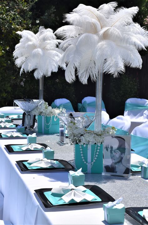 Turquoise Party Theme, Breakfast At Tiffany’s Party, Tiffany Blue Quinceanera, Tiffany Blue Party Decorations, Tiffany Sweet 16, Senior Breakfast, Tiffany Blue Party, Breakfast At Tiffanys Party Ideas, Tiffany Themed Bridal Shower