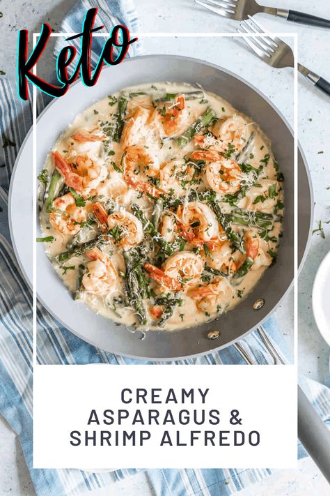 Keto Shrimp Alfredo, Asparagus Shrimp, Recipe With Asparagus, Keto Asparagus, Shrimp Alfredo Recipe, Quick Dinner Recipes Healthy, Keto Shrimp Recipes, Creamy Alfredo Sauce, Keto Shrimp