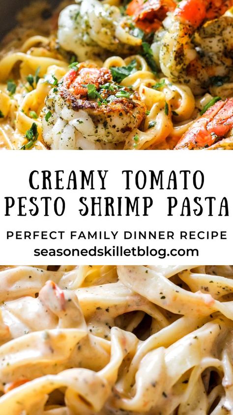 Pesto Shrimp Pasta, Shrimp Linguine Recipe, Shrimp Dinners, Shrimp Pesto Pasta, Seasoned Shrimp, Shrimp Pasta Recipe, Creamy Pesto Pasta, Pesto Shrimp, Creamy Shrimp Pasta