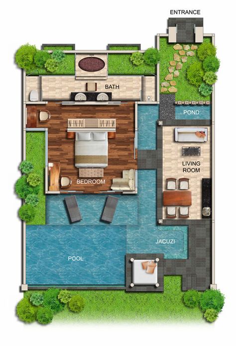 Bali Villa Floorplan, Beach Villa Floor Plan, Plan Layout Design, Small Villa Design, House Plans With Pool, Pool House Floor Plans, Tiny Villa, Villa Layout, Hotel Room Design Plan