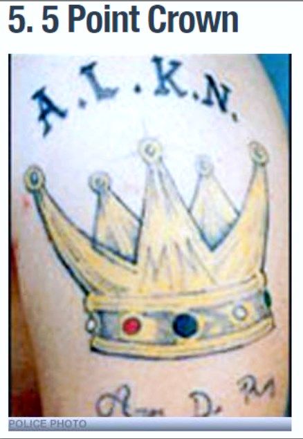 The 5 point crown is a symbol of the Latin Kings gang, one of the biggest hispanic gangs in the US, which originated in 1940s Chicago.  The crown tattoo will often be accompanied by the letters ALKN, which means Almighty Latin Kings Nation. The crown has five points because the Latin Kings are an affiliate of the People Nation network of gangs, which is represented by the number 5. Latin Kings Tattoos, Tattoos With Secret Meanings, Crown Tattoo On Wrist, Crown Hand Tattoo, Jail Tattoos, Latin Kings Gang, Latin Kings, Kings Tattoo, Tattoo On Wrist