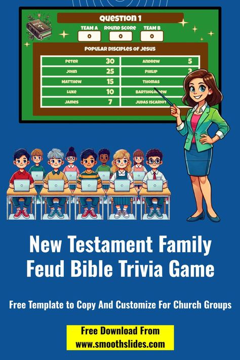 Free Google Slides template to copy and use. Customize and make your own game. Features 10 New Testament trivia questions for you to play in your church bible study group. Family Feud Questions And Answers, Bible Trivia Questions, Family Feud Template, Family Feud Questions, Bible Trivia Games, Bible Trivia, Make Your Own Game, Family Feud Game, Bible Questions