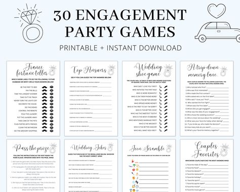 Engagement Party Game Bundle 30 games included in this one a kind bundle! This bundle is beautifully and carefully crafted to make sure your party looks amazing and your guests have a blast. All the games are SUPER fun and SUPER simple! Works great for groups and audiences of any size. INCLUDES: ICON SCRAMBLE A TRIP DOWN MEMORY LANE WORD SCRAMBLE WHAT'S ON YOUR PHONE? EVER OR NEVER? FIANCE FORTUNE TELLER THIS OR THAT PASS THE PRIZE COUPLE WISHES WHO KNOWS HER BEST? WHO KNOWS HIM BEST? DATE NIGHT QUICK, THINK! FIND THE GUEST BINGO WHO AM I? TOP ANSWERS WEDDING SHOE GAME WEDDING JOKES WINE TASTING BLING HUNT COUPLE'S FAVORITES NOTES TO THE COUPLE DON'T BLUSH BEST ADVICE BUCKET LIST HOW MANY IN THE JAR? ICONIC DUOS THIS I LOVE MATCH WITH ME LOVE ON HER LATER INSTANT DOWNLOAD. No physical prod Engagement Party Trivia, Backyard Engagement Party Games, Engagement Games Party, Engagement Party Games Hilarious, Engagement Party Games For Guests, Engagement Games Ideas, Fun Wedding Games For Guests, Engagement Party Ideas Diy, Engagement Party Themes Ideas