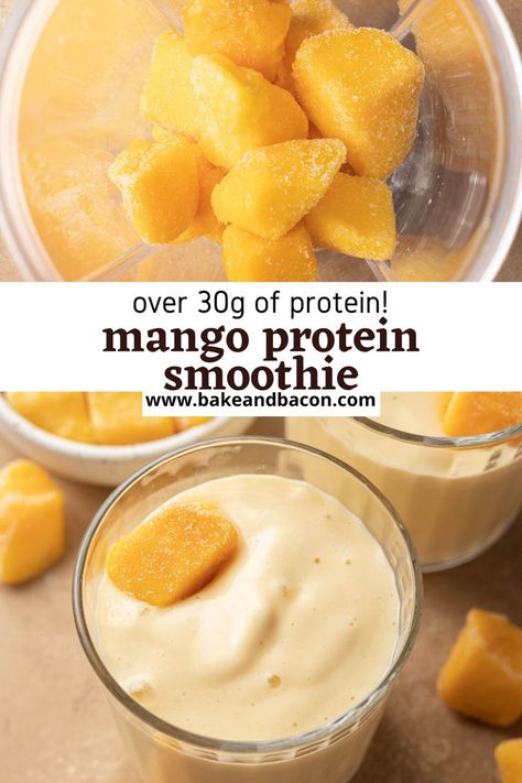 Mango Protein Smoothie Recipe, Mango Protein Smoothie, Protien Shake Recipes, Protein Powder Smoothie Recipes, Protien Smoothies Recipes, Protein Fruit Smoothie, Healthy Protein Smoothies, Protein Breakfast Smoothie, Protein Powder Smoothie