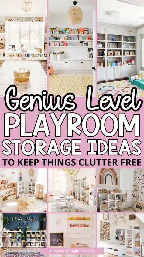 Storage For Kids Playroom, Clever Playroom Ideas, Playroom Above Garage Ideas, Creative Playroom Storage, Kid Playroom Storage, Playhouse Storage Ideas, How To Organize Dolls In Playroom, Basement Toy Organization Ideas, Doll House Area In Playroom