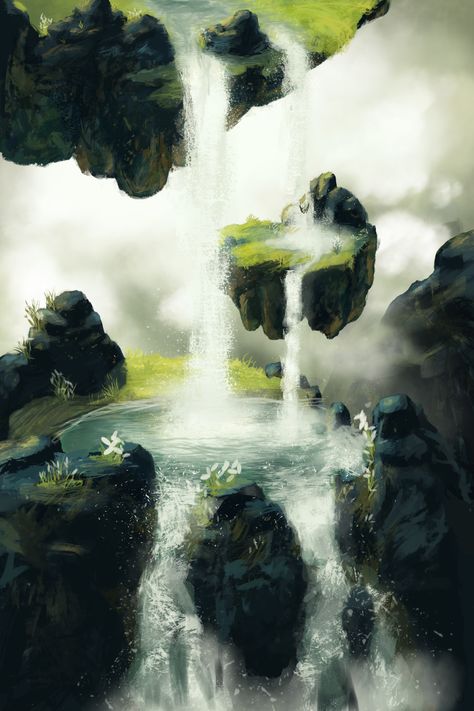 ArtStation - Waterfall and Floating Island, Nathanael M Island Reference, Island Drawing, Minecraft Bridge, Floating Islands, Waterfall Paintings, Floating Island, Reference Art, Fantasy Island, Fantasy Places