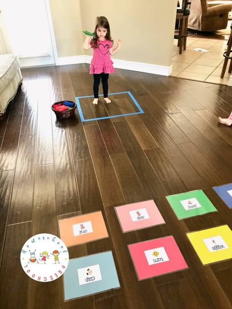 Learn and Move with a Bean Bag Toss Game for Preschoolers Flower Wall Decor Ideas, Action Verbs Activities, Language Games For Kids, Action Games For Kids, Verbs For Kids, English Games For Kids, School Games For Kids, Game For Preschoolers, Word Games For Kids