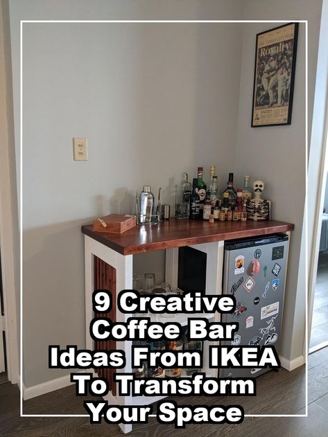 Discover 9 creative coffee bar ideas from IKEA that will transform your space into a cozy caffeine haven. Whether you're a casual coffee drinker or a brewing enthusiast, these stylish setups blend functionality with modern design. From compact corner stations to spacious setups, find inspiration to elevate your morning routine. Explore how to utilize IKEA's versatile furniture to create your perfect coffee nook today! At Home Coffee Bar Ideas, Coffee Bar Corner Ideas, Office Bar Ideas, Coffee Bar Ideas Ikea, Coffee Bar Ideas For Small Spaces, Ikea Coffee Corner, Ikea Coffee Station, Modern Coffee Bar Ideas, Corner Bar Ideas