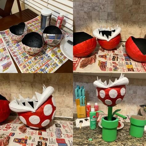 I covered the balloon with the organic glue and the newspaper to make the shields then  painted the shield and add the details with the felt and made the base with some cardboard Mario Shoebox Float, Paper Mache Mario Bros, Mario Float Ideas, Mario Pipe Diy, Mario Decorations Diy, Mario Centerpieces, Super Mario Crafts, Piranha Plant Mario, Mario Diy