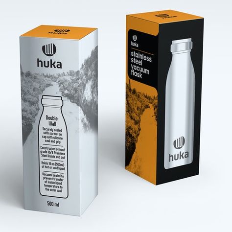 Impressive design for Stainless Steel Vakuum Flask Product packaging contest design#product#packaging#sunderkoetter Flask Box, Flask Bottle, Thermos Flask, Vacuum Bottle, Metal Bottles, Box Packaging Design, Bottle Packaging, Brand Board, Vacuum Flask