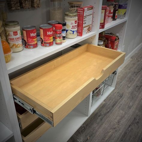 Shelf Pull Outs, Pull Out Shelves In Cabinets, Pull Out Shelf In Cabinet, Pantry Shelving Spacing, Pull Out Shelves Pantry, Diy Pantry Closet, Pantry Drawers Pull Out Shelves, Diy Pull Out Drawers In Cabinets, Pantry Utility Room Combo