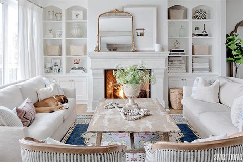 Jillian Harris's home is washed in a beachy white, cream and blue palette | Style at Home French Country Rug, French Country Living, Farmhouse Side Table, Jillian Harris, Kelowna Bc, French Country Living Room, Casa Country, Wallpaper Sky, Blue Palette