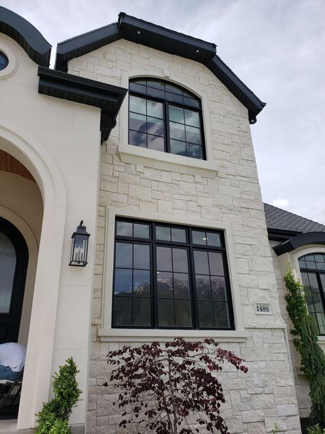 Eifs Exterior Home, Home Exterior Windows, Stone And Stucco House Exterior, Spanish Style Exterior, Stucco And Stone Exterior, French Homes, Exterior Elevation, Stone Archway, Stone Exterior Houses