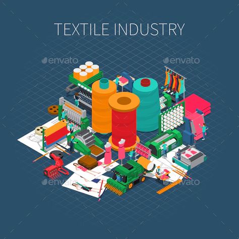 Isometric Textile Print Background by macrovector | GraphicRiver Sewing Factory, Textile Print, Textile Company, Industrial Sewing, Printed Backgrounds, Textile Industry, Organic Fabrics, Wave Pattern, Digital Marketing Services