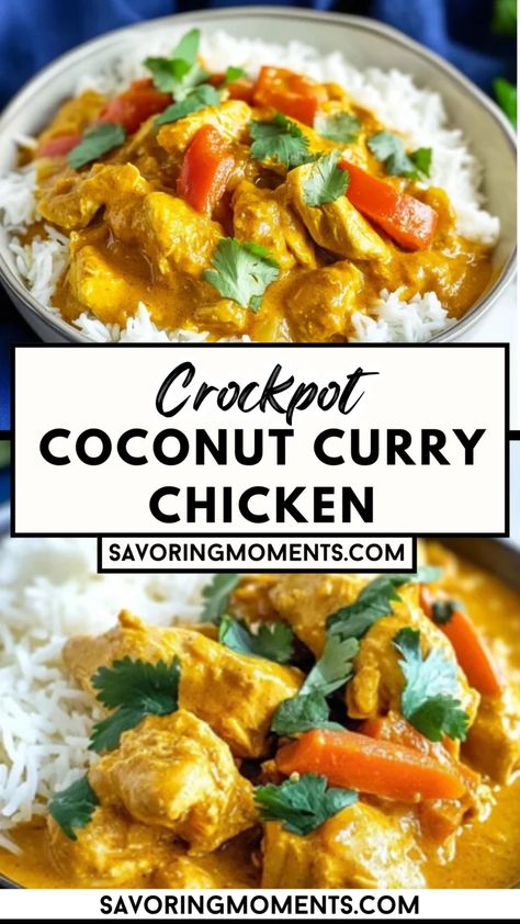 The Ultimate Weeknight Comfort Food This creamy and flavorful coconut curry chicken made in the crockpot is the perfect blend of spices and tenderness. It's an easy, set-it-and-forget-it recipe that will fill your home with mouthwatering aromas. Your next favorite meal is just a click away. #crockpotrecipes #coconutcurry #easycurryrecipes #weeknightmeals #comfortfood #slowcookermeals #chickenrecipes #homemadecurry #easyfamilydinners #mealprepideas Crockpot Chicken Curry Recipes, Coconut Curry Crockpot, Slow Cooker Chicken Curry Recipes, Crockpot Coconut Curry Chicken, Crockpot Indian Recipes, Coconut Curry Chicken Crockpot, Slow Cooker Coconut Curry Chicken, Crockpot Curry Chicken, Slow Cooker Curry Chicken