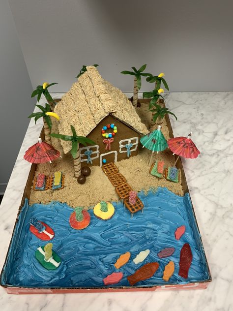 Ginger Bread House Theme Ideas, Ginger Bread House Inspo Easy, Tiki Gingerbread House Ideas, Hawaii Gingerbread House, Ocean Gingerbread House, Cool Ginger Bread Houses, Tiki Gingerbread House, Ginger Bread Beach House, Unique Ginger Bread House Ideas