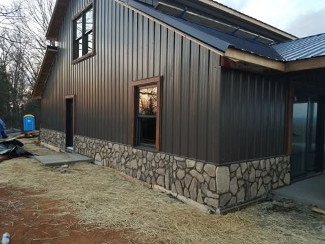 Brown Metal Siding House, Metal Building With Stone, Burnished Slate Metal Building, Stable Interior, Manufactured Home Exterior, Metal Siding House, Exterior Cabin, Shop Building Plans, Garage Plans With Loft