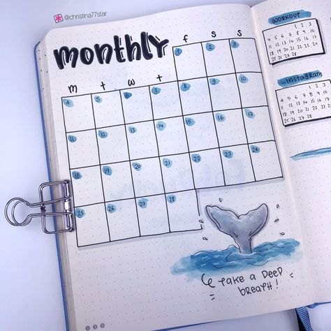 ✨Christina✨ on Instagram: “I love this type of monthly layout. Is functional, compact and cute. 🐳 Perfect for me! Do you have a favourite monthly spread? ⠀ ✨You can…” Whale Theme, Bullet Journal Month, Monthly Layout, Bullet Journel, Bullet Journal Cover Ideas, Bullet Journal School, The Giants, Perfect For Me, Bullet Journal Themes