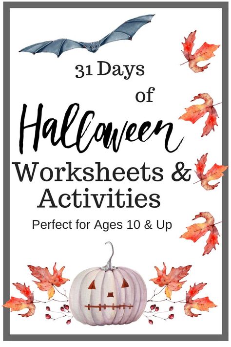 Halloween Worksheets and other Halloween Activities can be hard to find for older kids.  If you want to inject some Halloween fun into your lessons, check out this series of 31 FREE Halloween worksheets & more.  The work has been done for you. Halloween Fifth Grade, 6th Grade Halloween Activities, Halloween Homeschool Activities, Free Halloween Math Worksheets, Halloween Educational Activities, Fill In The Blanks Story, Activities For Older Kids, Printable Halloween Activities, Homeschool Halloween