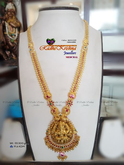 Laxmi Pendant Gold Temple Jewellery, Laxmi Lockets Gold, Gold Jewels Design Haram, Long Chain Designs Gold, Gold Long Haram Designs, Long Haram Gold Jewellery Designs, Pretty Gold Necklaces, Ruby Necklace Designs, Gold Jewelry Prom