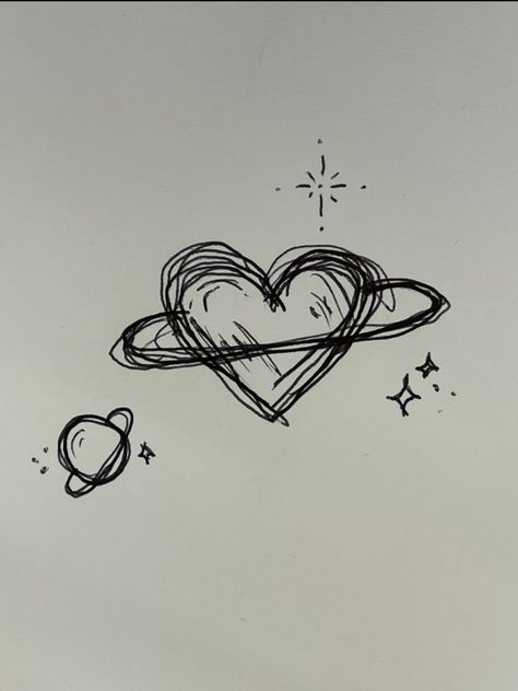 Heart Planet Drawing, Stars And Planets Drawing, Pretty Heart Drawing, Heart Planet Tattoo, Simple Doodles Love, Cute Heart Drawings Doodles, Simple Love Doodles, Stars Drawing Simple, Heart Sketch Aesthetic