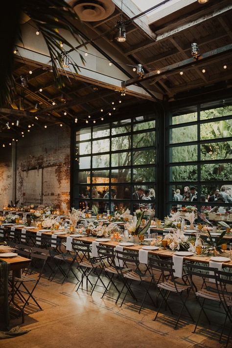 Industrial meets tropical elegance reception decor | Gabriel Conover Industrial Party Theme, Fall Industrial Wedding Colors, Spring Industrial Wedding, Industrial Chic Wedding Reception, Rustic Industrial Wedding, Industrial Wedding Style, Industrial Wedding Reception, Industrial Modern Wedding, Industrial Themed Wedding