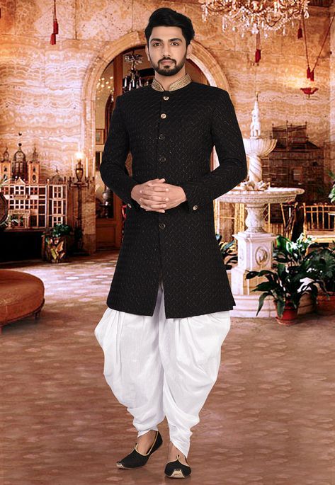 Dhoti Style Dresses, Dhoti Sherwani, Blue Slim Fit Suit, Indian Wedding Clothes For Men, Grooms Attire, Wedding Kurta For Men, Boys Kurta Design, Vs Image, Stylish Men Wear