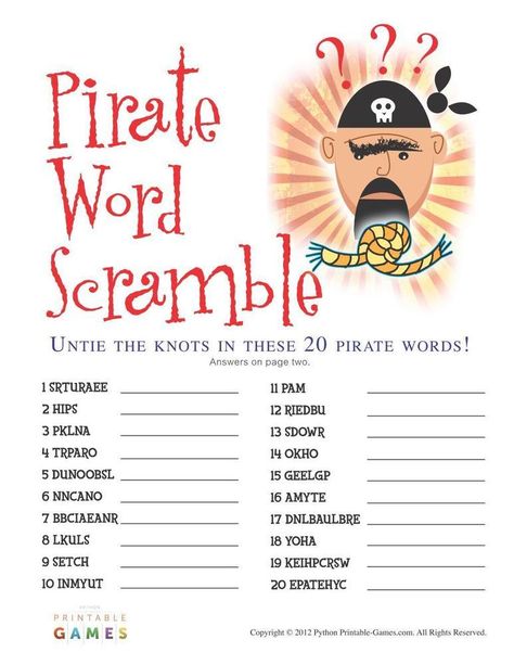 Pirate Word Scramble Pirate Themed Activities For Kids, Pirate Games For Adults, Pirate Vocabulary, Pirate Scavenger Hunts, Pirate Words, Pirate Party Games, Newlywed Game, Pirate Activities, Pirate Games