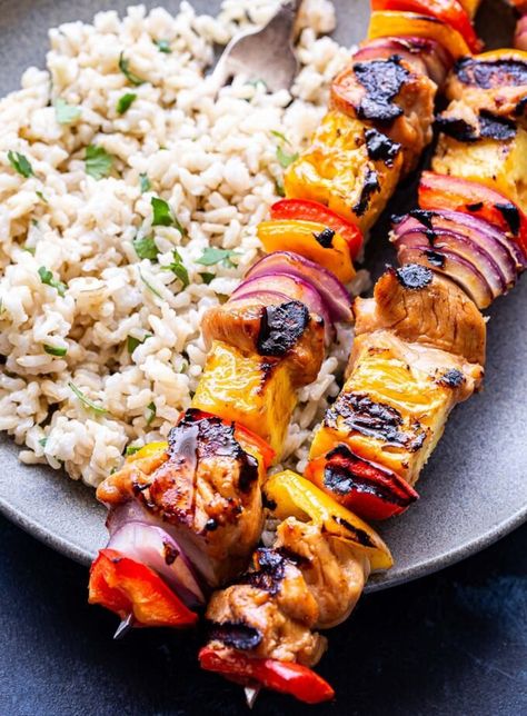 Hawaiian Chicken Skewers, Cilantro Marinade, Chicken Kebobs, Recipe Runner, Healthy Summer Dinner, Hawaiian Chicken Kabobs, Coconut Rice Recipe, Chicken With Rice, Cilantro Rice