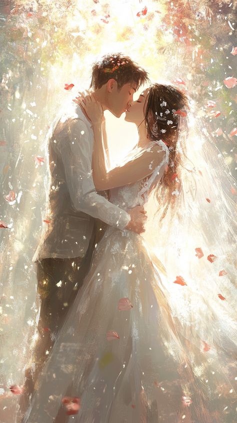 The divine kiss shared in their wedding is not just a fleeting moment, but a sacred promise — a vow to love, honor, and cherish each other for a lifetime, with hearts intertwined and souls forever united in divine harmony. Kiss Illustration, Hearts Intertwined, Fleeting Moment, Goth Princess, Wedding Drawing, Wedding Album Design, Soulmate Love, Wedding Painting, Romantic Kiss