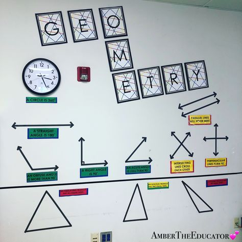 #MathIdeas #Geometry #FourthGrade. Geometry Bulletin Board Elementary, Geometry Bulletin Board High School, Geometry Classroom Decor High Schools, Geometry Classroom Decor, Math Corner Classroom Ideas, Geometry Bulletin Board, Geometry Decoration, Math Decorations, Maths Classroom