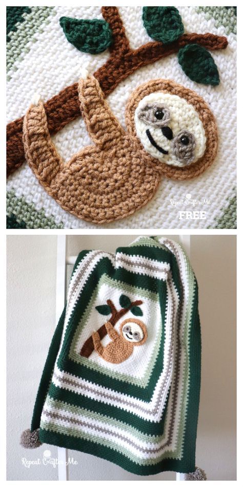 Adorable Sloth Blanket Free Crochet Pattern - DIY Magazine Crocheted Sloth, Cute Crochet Blanket, Crochet Blanket Free Pattern, Sloth Blanket, Crochet Blanket Free, Crocheted Baby Blankets, Crochet Sloth, Crocheted Baby Blanket, Crochet Baby Blanket Free Pattern