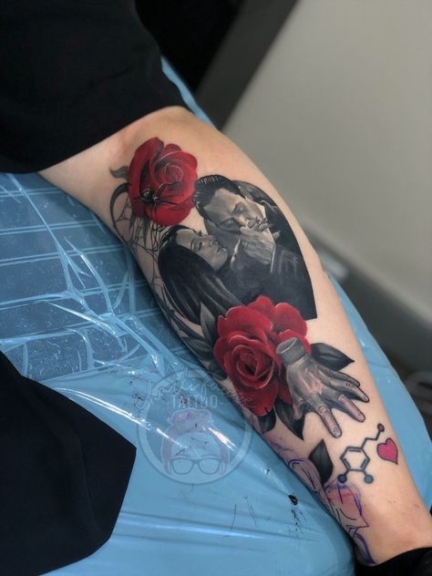 Mortician And Gomez Addams Tattoo, Morticia And Gomez Addams Tattoo Ideas, Adam Family Tattoo, Thing Tattoo Addams Family, Adam’s Family Tattoo, Gothic Realism Tattoo, Gomez And Morticia Tattoo, Addams Family Tattoos, Morticia And Gomez Tattoo