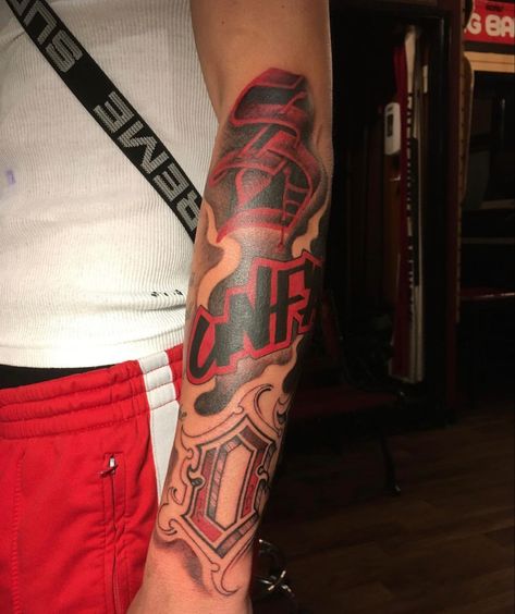 Red tattoo, Red letters, Hood tattoo #tattoo #tattooideas #redtattoo #tattooideasformen Red Letters Tattoo, Red Tattoo Lettering, Black And Red Tattoo Men, Red Letter Tattoo, Red Lettering Tattoo, Red Ink Tattoos Men, Red Tattoo Men, Hood Tattoo For Men, Red Tattoo Designs