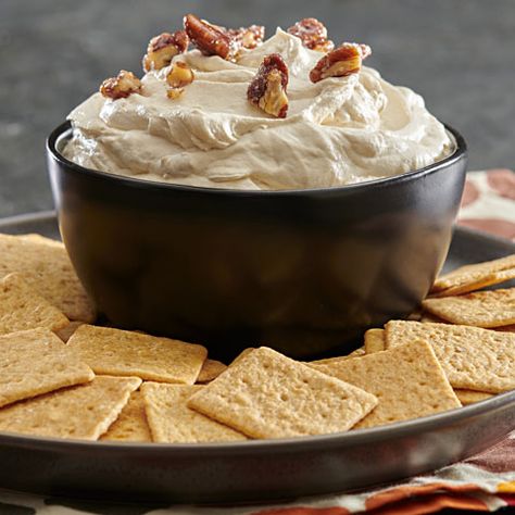 Sweet 'n Salty Praline Dip | Snackworks US Dip With Cool Whip, Food Casseroles, Sweet Dip, Summertime Snacks, Pecan Praline, Wheat Thins, Nutritional Snacks, Sweet Dips, Candy Recipes Homemade