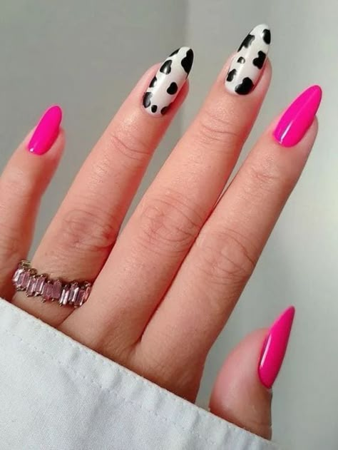 Hot pink and cow print nails Black And Hot Pink Nails Ideas, Hot Pink Cowgirl Nails, Funky Pink Nails, Pink Cowgirl Nails, Bright Pink Nails With Design, Hot Pink And White Nails, Black And Hot Pink Nails, Hot Pink Almond Nails, Hot Pink And Black Nails