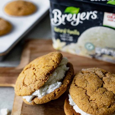 Pumpkin Cookie Ice Cream Sandwiches - One Sweet Mama Pumpkin Cookie Ice Cream Sandwich, Cookie Ice Cream Sandwiches, Homemade Pop Tarts, Homemade Ice Cream Sandwiches, Cookies Ice Cream, Cookie Ice Cream, Pumpkin Ice Cream, Pumpkin Cookie, Ice Cream Cookie Sandwich