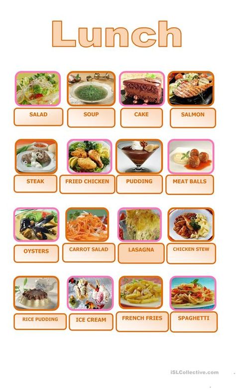 Food - mini pictionary: LUNCH worksheet - Free ESL printable worksheets made by teachers Plane Food, Fun Worksheets For Kids, Food Vocabulary, Pudding Ice Cream, Esl Vocabulary, Salmon Steak, Carrot Salad, English Lessons For Kids, Steak Fries