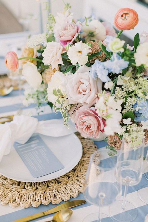 Dusty Blue Cabana Stripe Tablecloths with Woven Rattan Chargers for a Coastal Farmhouse Wedding Reception Dusty Blue And Blush Wedding, Bridesmaid Dresses Blush, New England Summer, Blue And Blush Wedding, Dusty Blue Bridesmaid, Coastal New England, Blush Wedding Colors, Blush Bouquet Wedding, England Summer