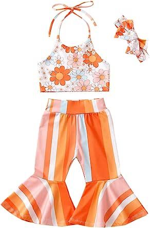 Amazon.com: Infant Toddler Baby Girl Summer Outfit Letter Short Sleeve T-Shirt Tops and Flared Pants Headband Western Clothes 3Pcs Set: Clothing, Shoes & Jewelry Flare Outfits, Bell Bottom Pants Outfit, 70s Halter, Bell Bottoms Outfit, Striped Flare Pants, Birthday Clothes, Flower Retro, Toddler Girl Summer, First Birthday Outfits