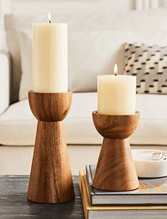 Pillows + Decor Room Ambience, Wooden Pillar Candle Holders, Wood Pillar Candle Holders, Wooden Candlesticks, Modern Candle Holders, Farmhouse Pottery, Pillar Candle Holder, Modern Candles, Modern Addition