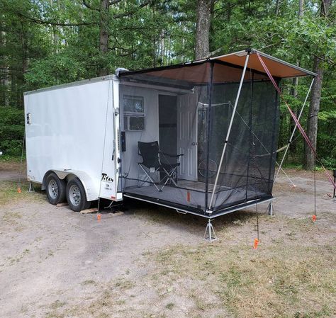 Homemade Trailer Camper, Hunting Trailer Ideas, Inclosed Trailer Diy, Trailer Turned Into Camper, Car Trailer Camper Conversion, Closed Trailer Camper, Bike Trailer Camper, 7x16 Cargo Trailer Camper, Diy Cargo Trailer Camper