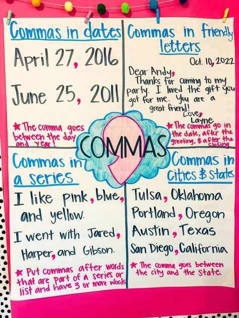 Commas Anchor Chart 2nd Grade, Comma Anchor Chart 3rd Grade, Comma In A Series Anchor Chart, Commas In A Series Anchor Chart, Commas Anchor Chart, Ela 4th Grade, 3rd Grade Anchor Charts, Commas In A Series, Writing Sentences Worksheets