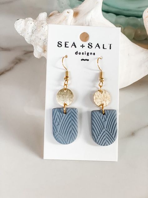 CLAY EARRINGS Dusty Blue Gold & Arch Dangles | Etsy How To Clean Earrings, Diy Earrings Polymer Clay, Blue Clay, Handmade Clay Jewelry, Polymer Earrings, Polymer Clay Jewelry Diy, Clay Jewelry Diy, Bridesmaid Wedding, Polymer Clay Creations