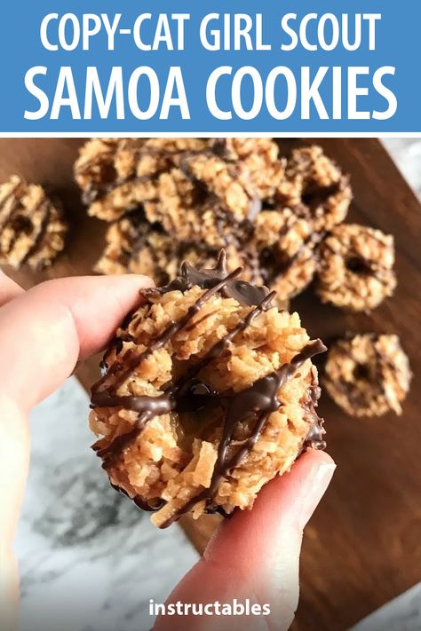 Make your own crispy, chewy, coconut, caramel Girl Scout Samoa cookies. #Instructables #baking #recipe #copycat #dessert No Bake Samoa Cookies (girl Scout Copycat), Copycat Samoa Cookies, Diy Samoa Cookies, Best Ever Cookies, Samoas Cookies Recipe, Samoa Recipe, Caramel Coconut Cookies, Copycat Crumbl Cookie, Samoa Cookies Recipe