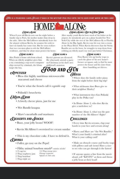 Elf Dinner Menu Ideas, Christmas Vacation Menu Ideas, Halloween Movie Dinner Theme, Home Alone Food Ideas, Halloween Movie Themed Dinner, Christmas Movie And Dinner Ideas, Home Alone Party Ideas, Leavenworth Christmas, Family Movie Night Themes