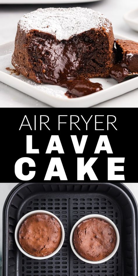 Air Fryer Lava Cake is a decadent dessert with a molten chocolate center that will curb any chocolate craving. There is an airiness to the batter with a rich flavor of chocolate deliciousness in every bite. Air Fryer Recipes Dessert, Air Fryer Recipes Snacks, Molten Chocolate Lava Cake, Lava Cake Recipes, Molten Lava Cakes, Air Fryer Oven Recipes, Molten Lava, Chocolate Lava, Lava Cake