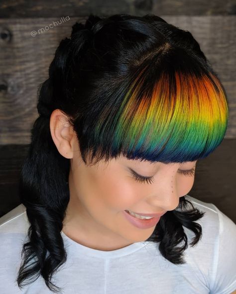 Rainbow Hair With Black, Black And Rainbow Hair, Dark Rainbow Hair, Rainbow Bangs, Pride Hair, Phoenix Hair, Hair Couture, Haircut Inspo, Couture Hairstyles