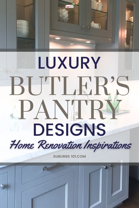 Fall in love with these luxury Butler's Pantry ideas for your home renovation? A must-have for someone who loves to host guests. These butler pantries serve as a bar and entertaining prep area where you can showcase your prized crystal glassware and fine liquor. Get inspired with these Butler's Pantry layout ideas to custom cabinets to backsplash- here are extravagant Butler's Pantries that are found in multi-million dollar homes. Perfect for luxury home remodels. Butler Bar Ideas, Butlers Pantry Off Dining Room, Butler Pantry Backsplash Ideas, Elegant Pantry Ideas, Wet Bar Pantry Combo, Swinging Butler Pantry Door, Built In Butlers Pantry Buffet, Butler Pantry Coffee Bar, Butler Pantry Cabinet Ideas